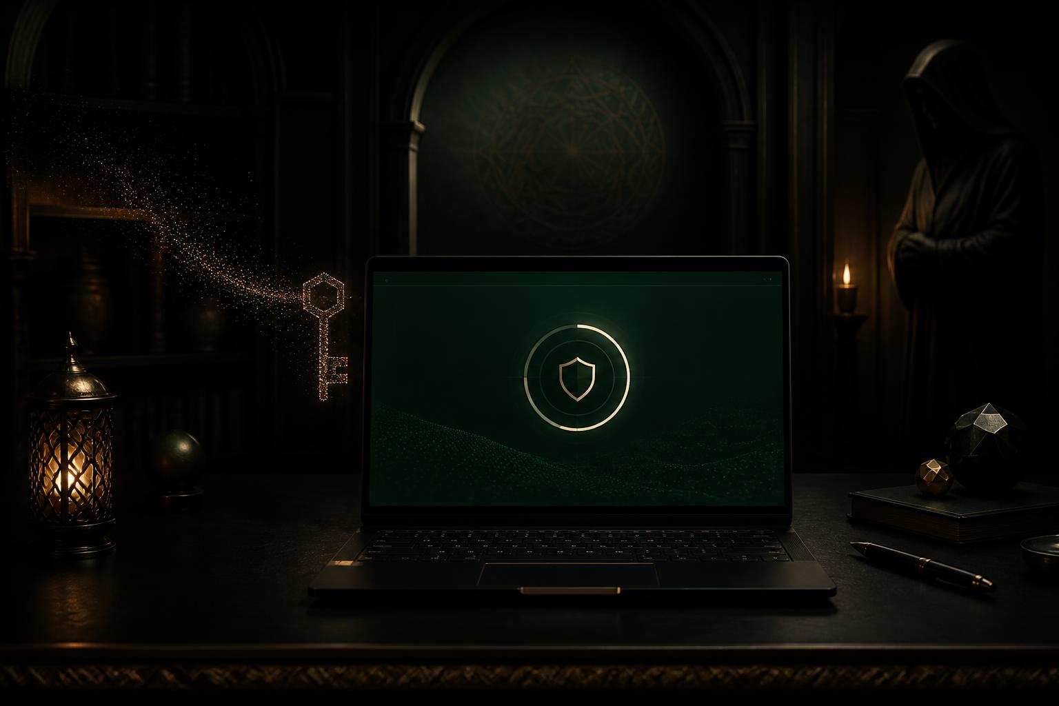 A dark study with a laptop displaying a private shield connection